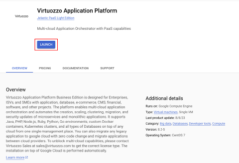 launch PaaS installation Google Cloud